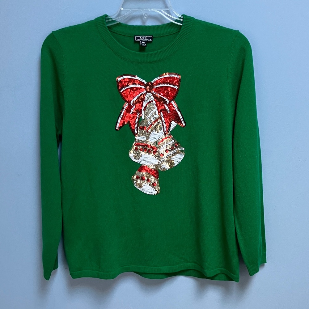 Lisa International Green Holiday Sequin Bells Sweater PXL